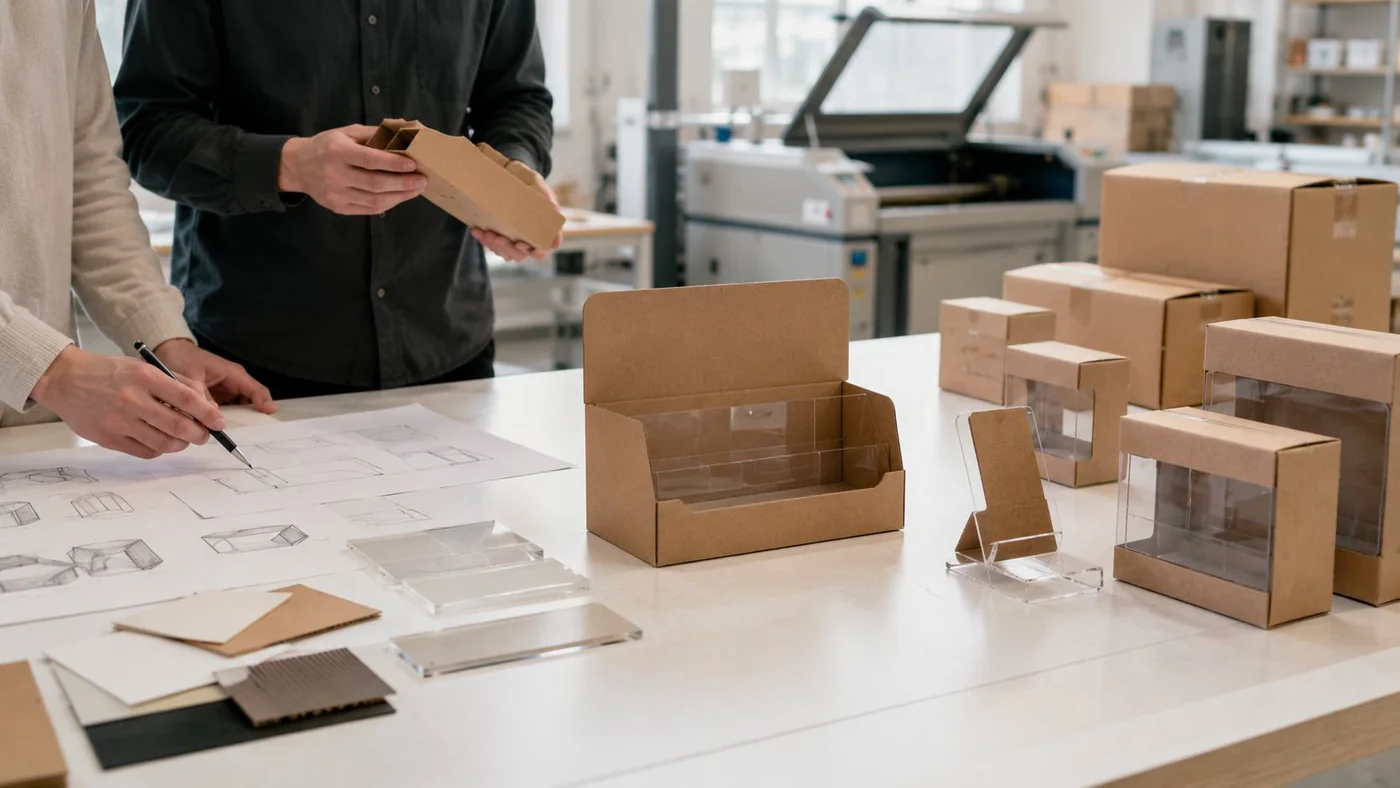 Discussing packaging samples at the production facility
